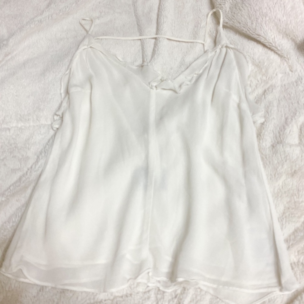 Réformation white deep cut ruffle chiffon cami